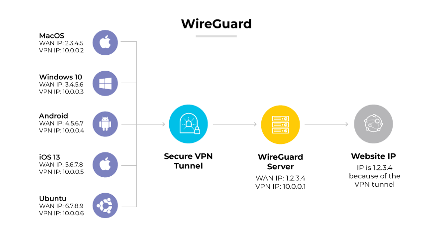 Protocole WireGuard montrant divers appareils connectés par un tunnel VPN sécurisé à un serveur WireGuard, puis à l'adresse IP d'un site web.