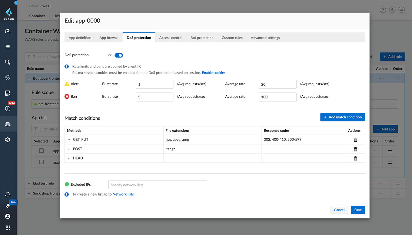 Capture d’écran de l’onglet de protection contre le déni de service sur la couche applicative